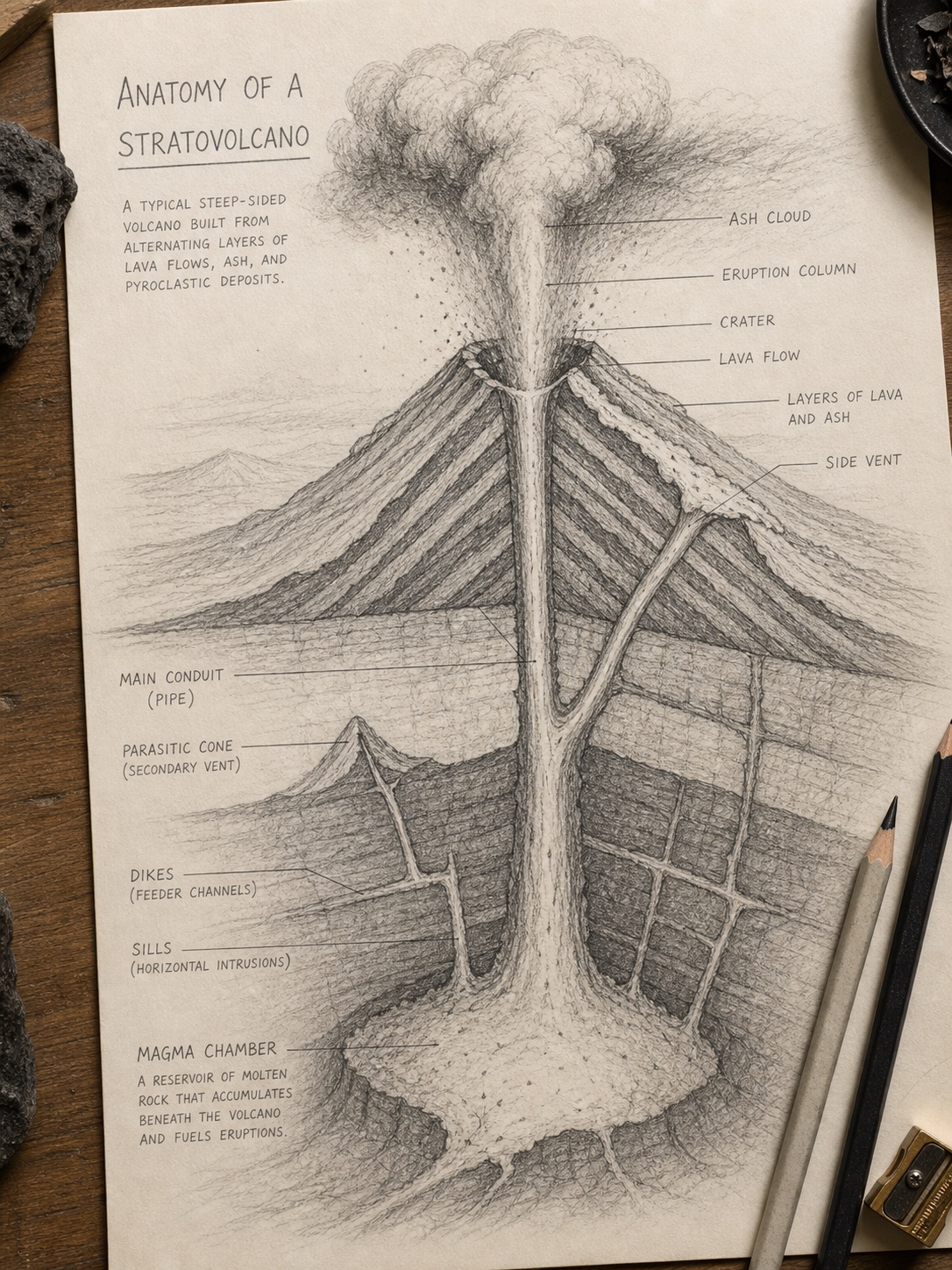 Pencil-style stratovolcano cross-section showing crater, conduit, magma chamber, lava flow, and ash cloud layers