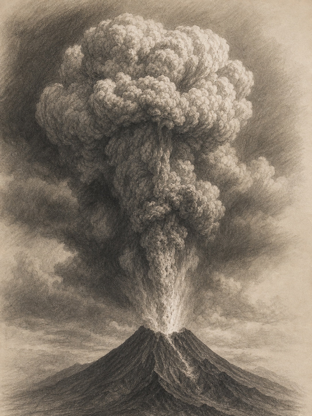 Dramatic pencil drawing of a volcano eruption column with cauliflower ash cloud and glowing vent light