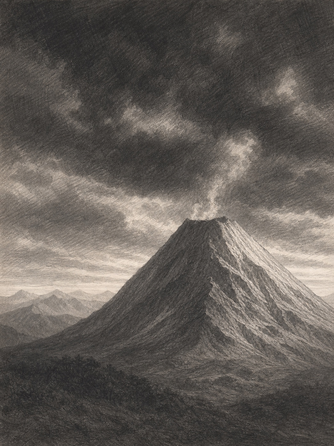 Moody pencil volcano scene with dark storm sky, distant ridge, and atmospheric value gradients