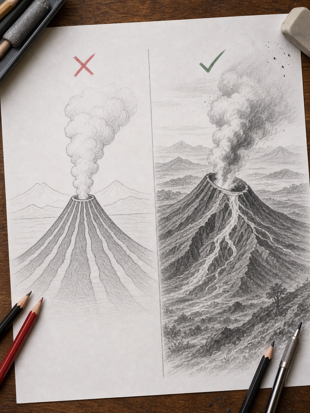 Side-by-side volcano drawing comparison showing beginner mistakes and a corrected version with better crater, lava, and background