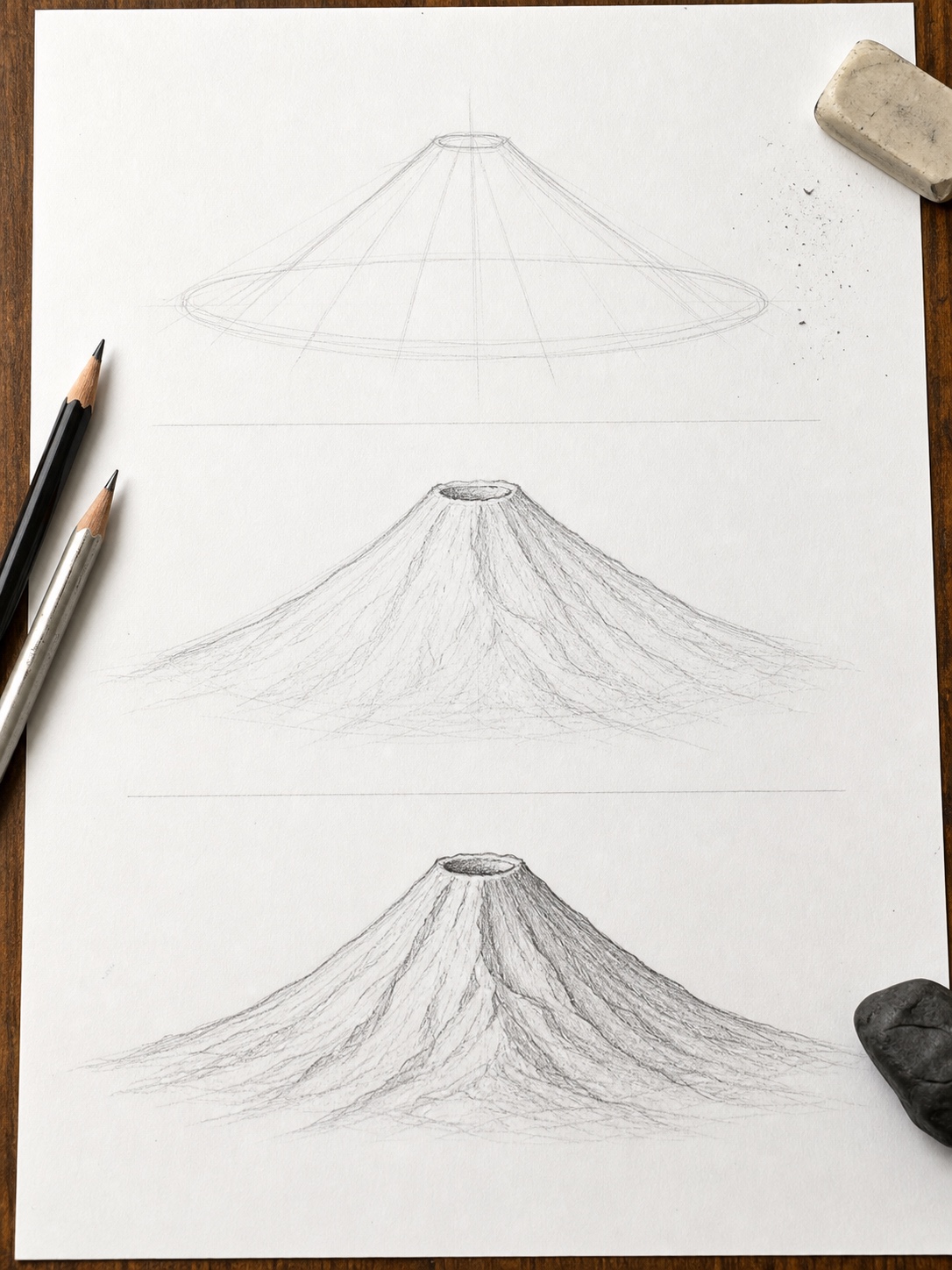 Three-stage pencil sketch progression of a volcano cone from base ellipse to refined crater and final contour