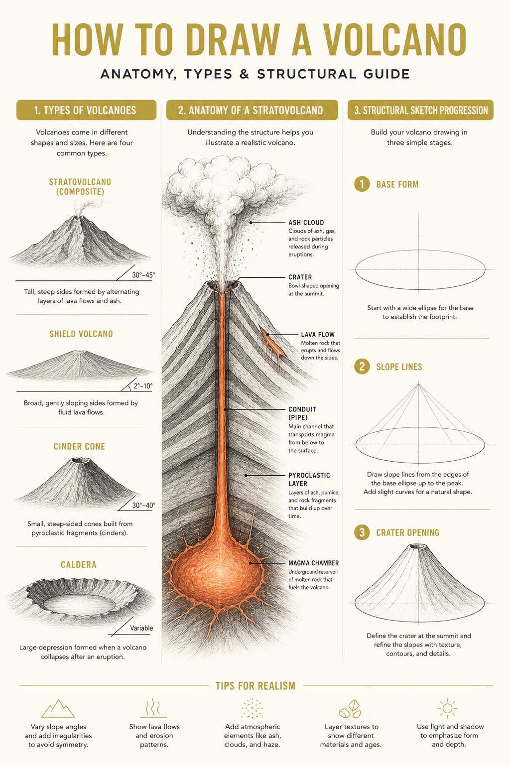 Educational volcano drawing infographic comparing volcano types, cross-section anatomy, and three construction steps