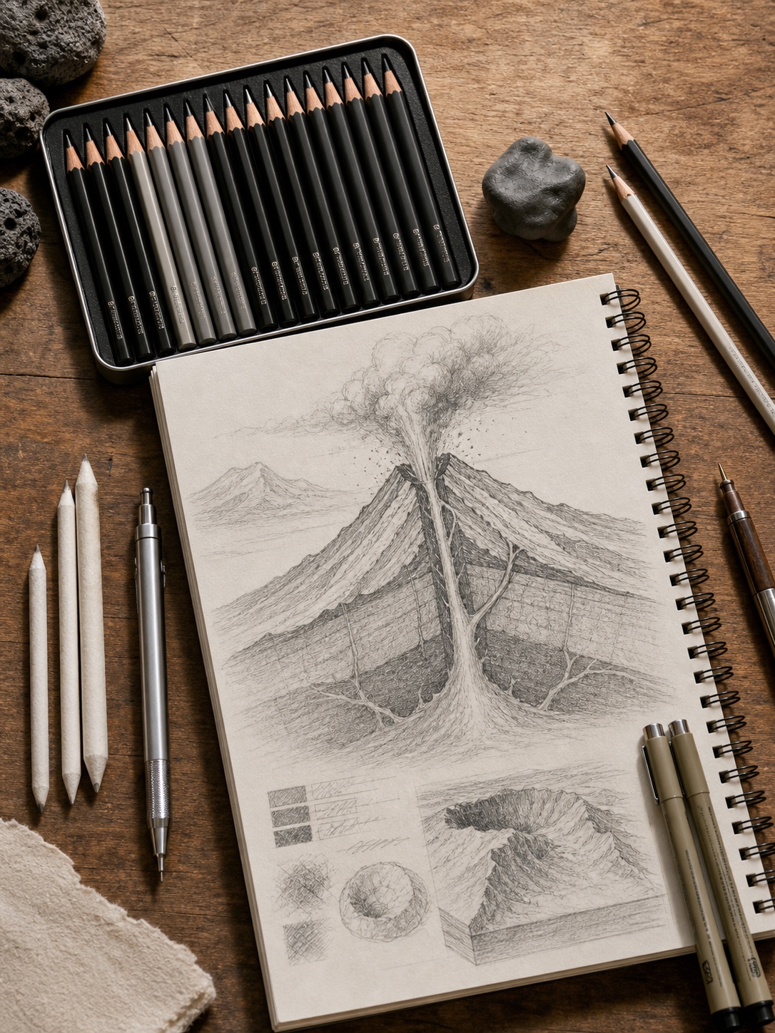 Graphite pencils, blending stumps, kneaded eraser, ink pens, and sketchbook arranged for a volcano drawing tutorial