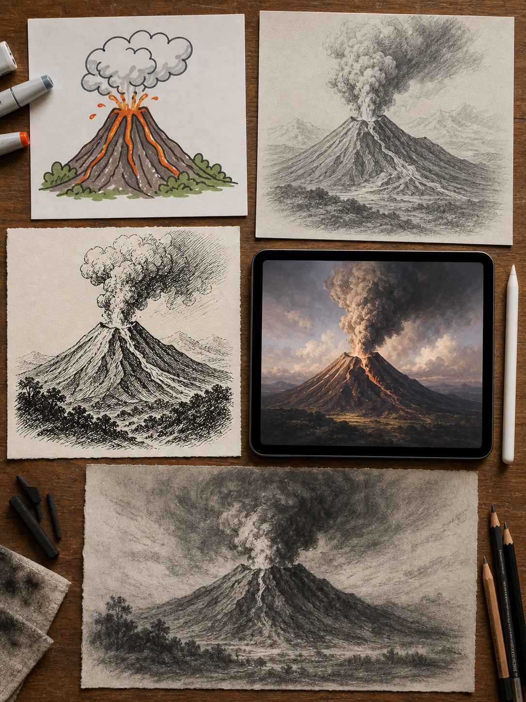 Flat-lay comparison of five volcano drawing styles including cartoon marker, graphite, ink hatching, digital painting, and charcoal