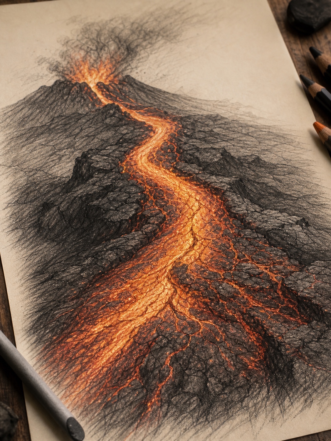 Close-up volcano lava flow drawing with bright core, dark cracked basalt edges, and downhill channel shape