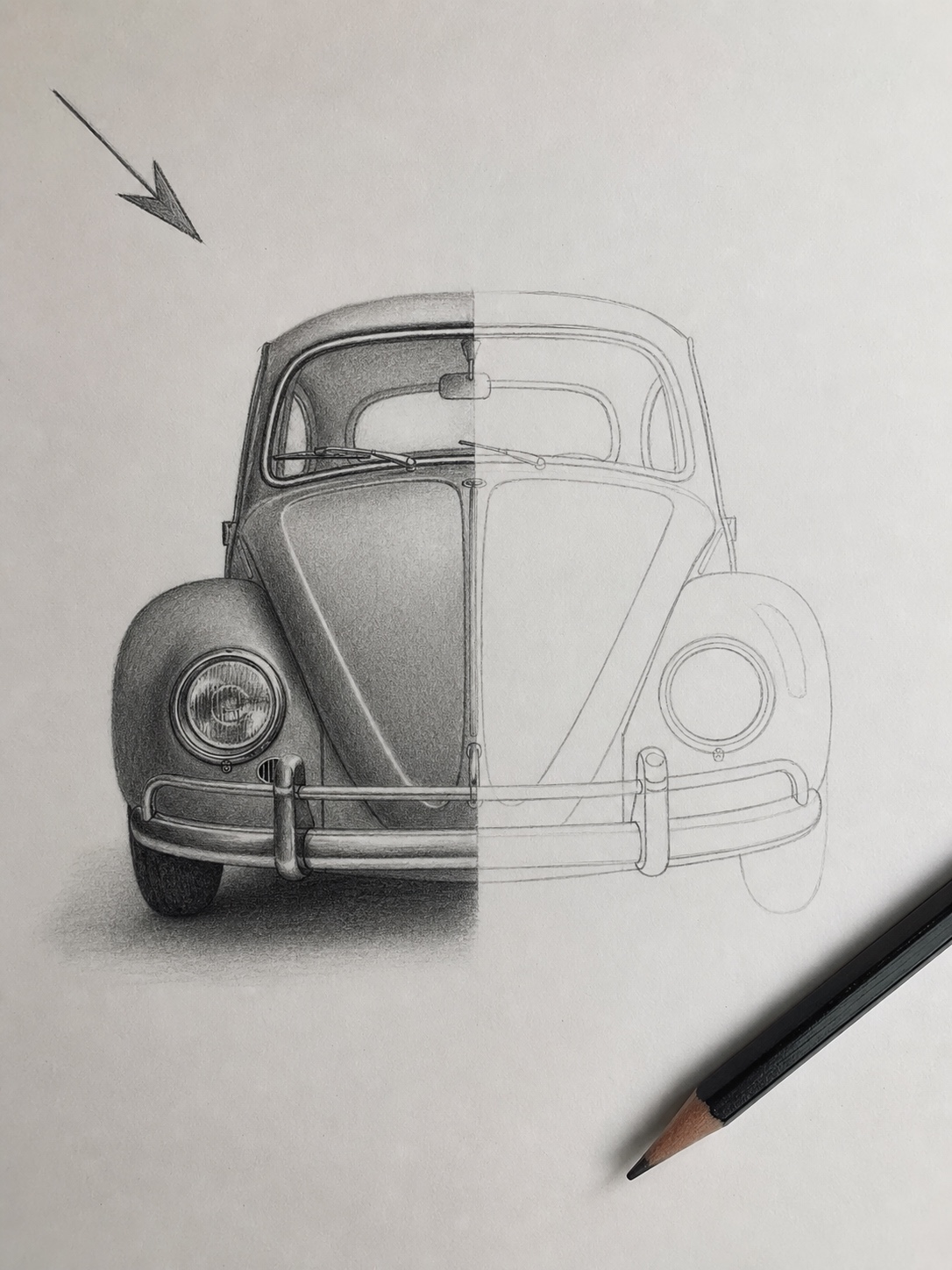 VW Beetle curved body shading study Pencil study of a Volkswagen Beetle with one side shaded to show highlight, midtone, and wheel arch shadow. | Sky Rye Design Pencil study of a Volkswagen Beetle with one side shaded to show highlight, midtone, and wheel arch shadow.