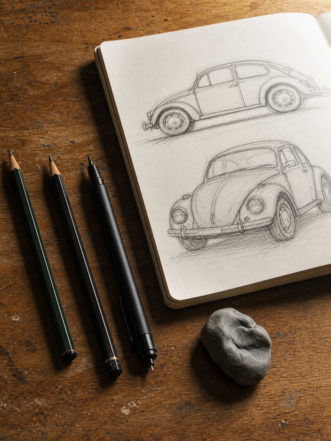 VW Beetle drawing tools flatlay Drawing tools for sketching a Volkswagen Beetle, including pencils, a fine pen, a sketchbook, and an eraser on a wooden desk. | Sky Rye Design Drawing tools for sketching a Volkswagen Beetle, including pencils, a fine pen, a sketchbook, and an eraser on a wooden desk.
