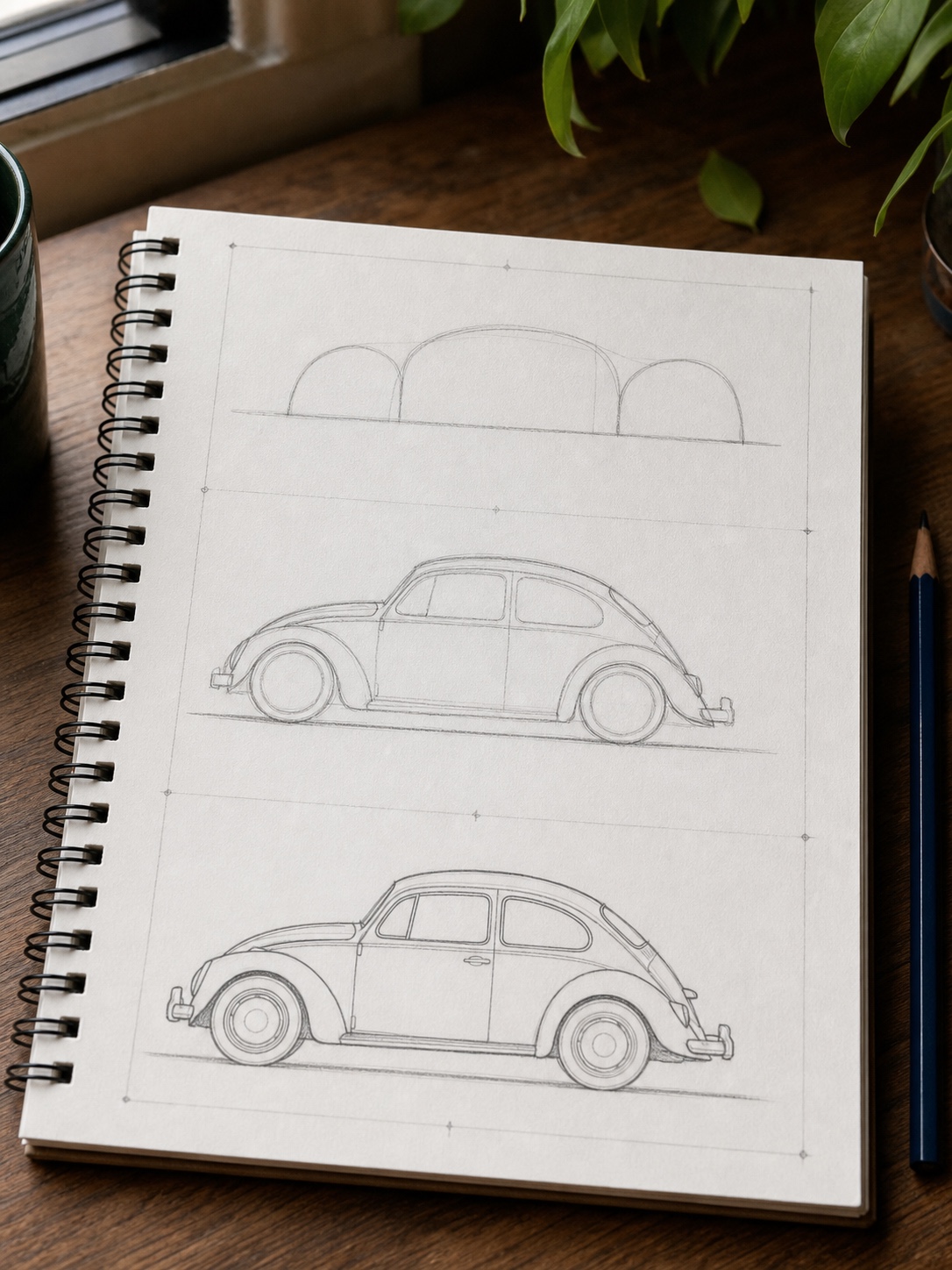 VW Beetle three-arc construction tutorial Three-panel pencil tutorial showing the Volkswagen Beetle baseline, construction arcs, wheel placement, and clean outline. | Sky Rye Design Three-panel pencil tutorial showing the Volkswagen Beetle baseline, construction arcs, wheel placement, and clean outline.