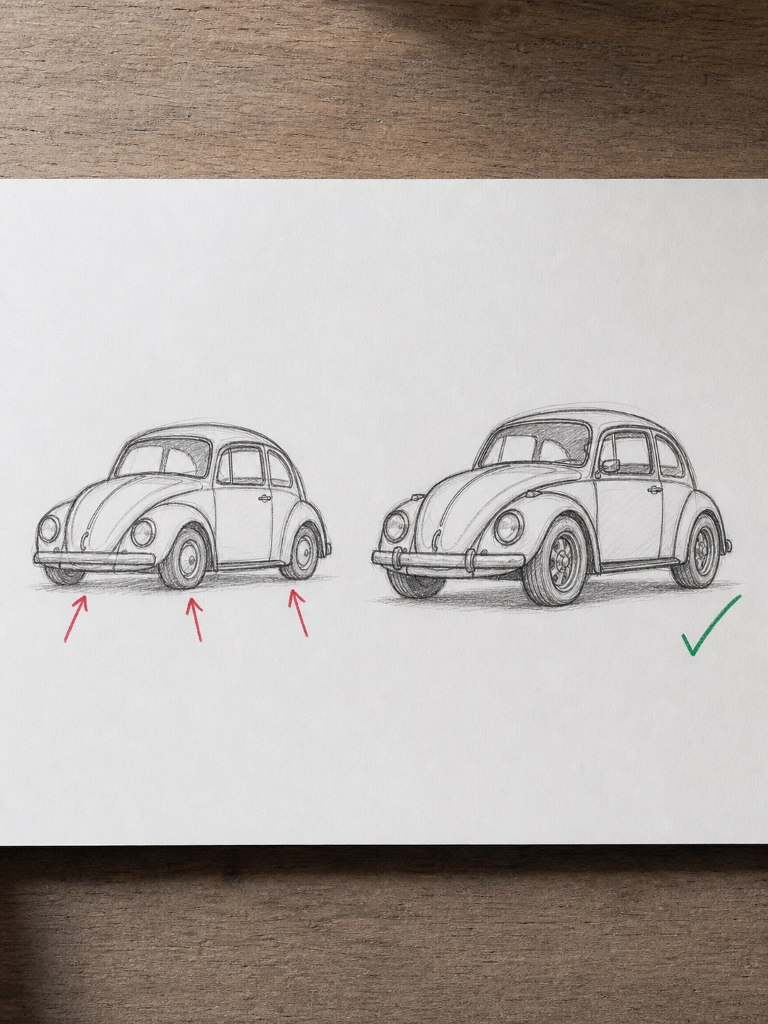 VW Beetle wheel proportion mistakes Side-by-side Volkswagen Beetle pencil sketches comparing undersized wheels with correctly proportioned wheels. | Sky Rye Design Side-by-side Volkswagen Beetle pencil sketches comparing undersized wheels with correctly proportioned wheels.