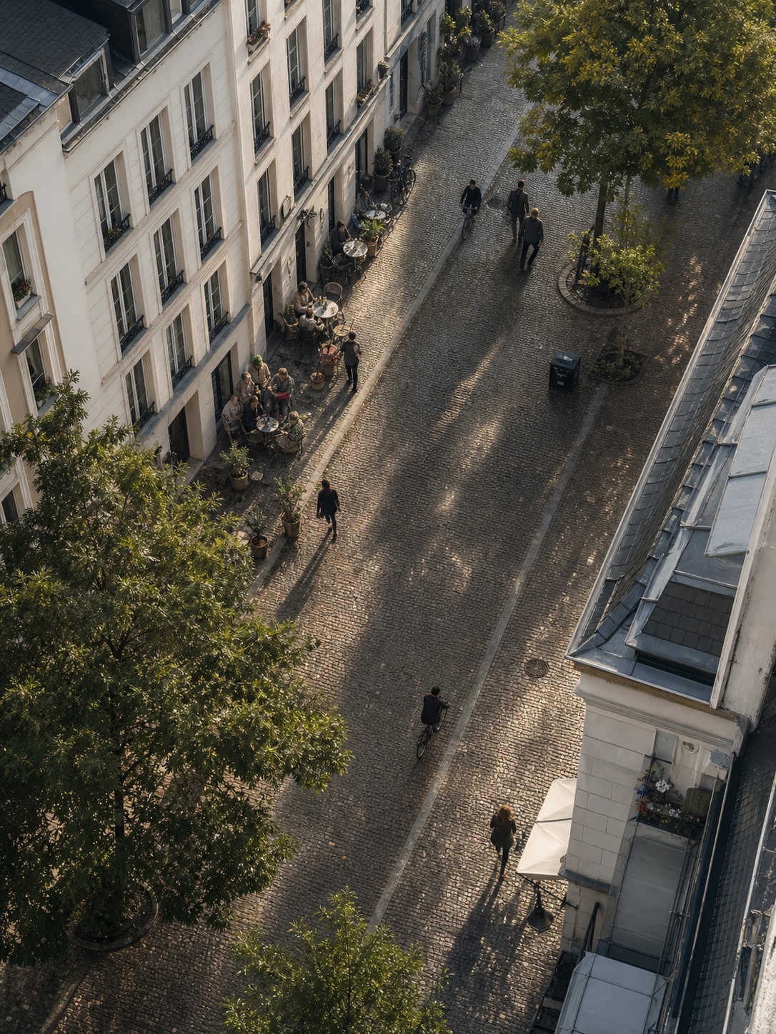 Walkable residential street A walkable European residential street with trees, cyclists, pedestrians, and cafe terraces. | Sky Rye Design A walkable European residential street with trees, cyclists, pedestrians, and cafe terraces.