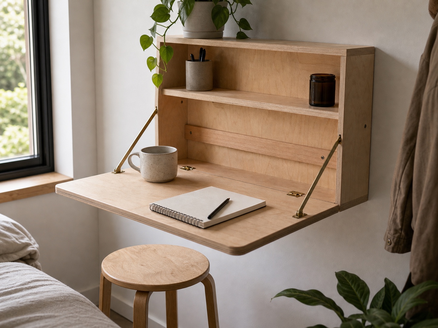 Wall-mounted plywood drop-down desk with simple hinge support
