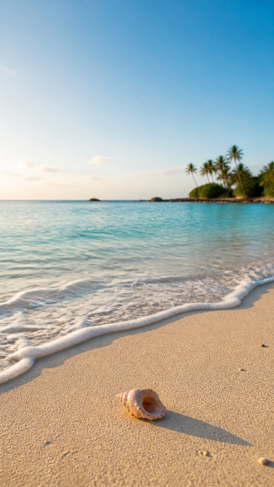 Wallpaper estetik beach HD with clear water, soft sand, and open sky for phone screens.