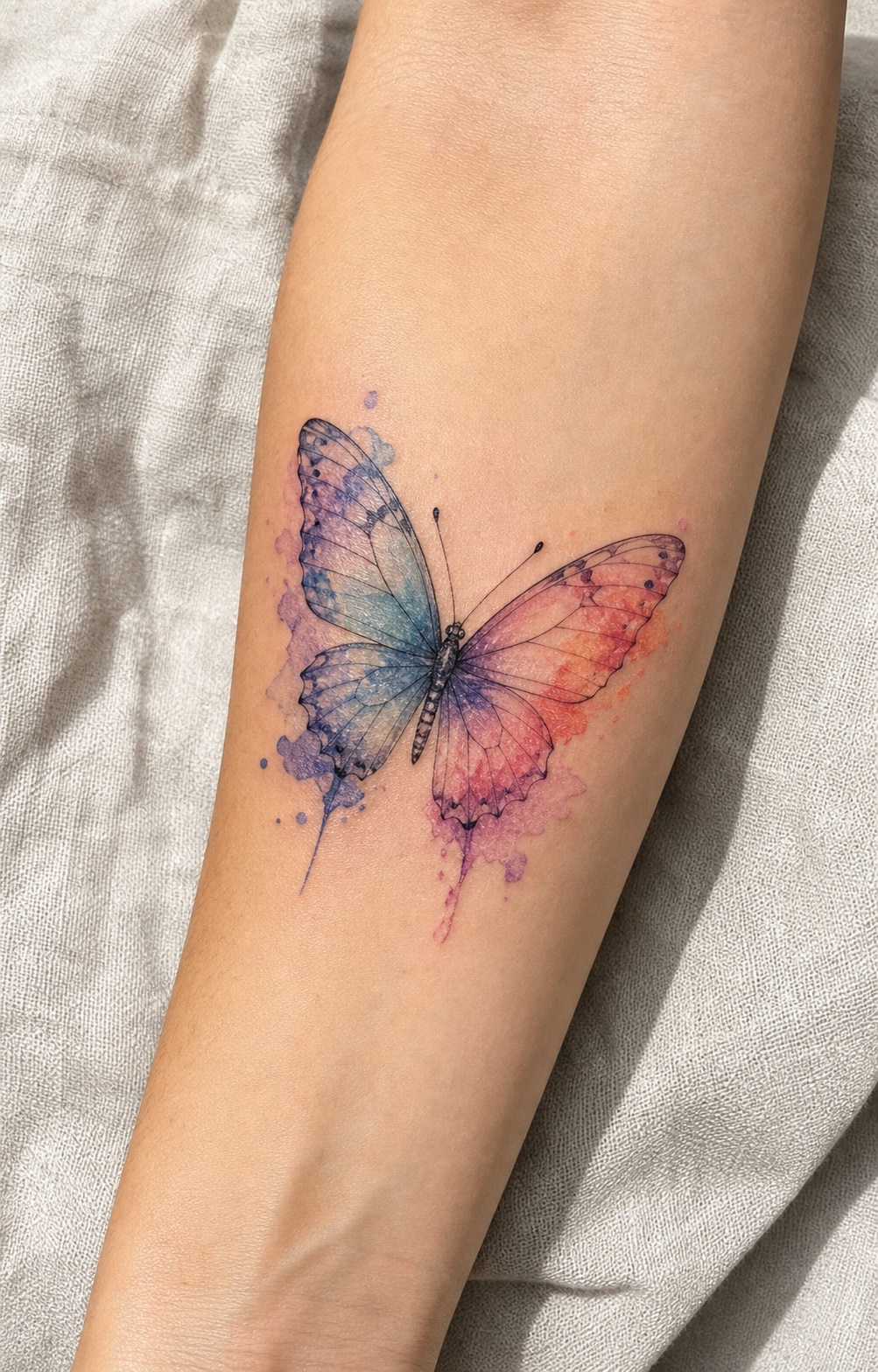 Watercolor butterfly forearm tattoo with blue, purple, and coral wings