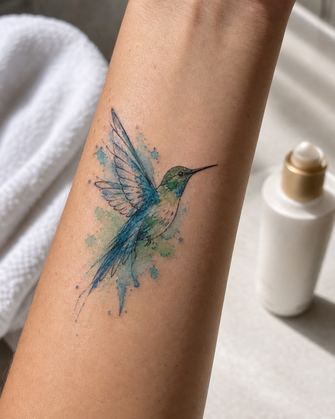 Healed watercolor hummingbird tattoo with aftercare lotion nearby