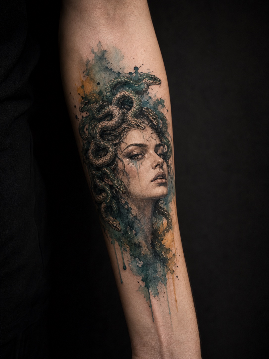 Watercolor Medusa forearm tattoo with soft color wash and flowing snake hair.
