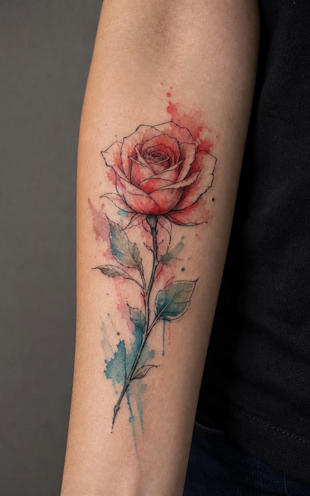 Watercolor rose tattoo with black outline and red teal color washes
