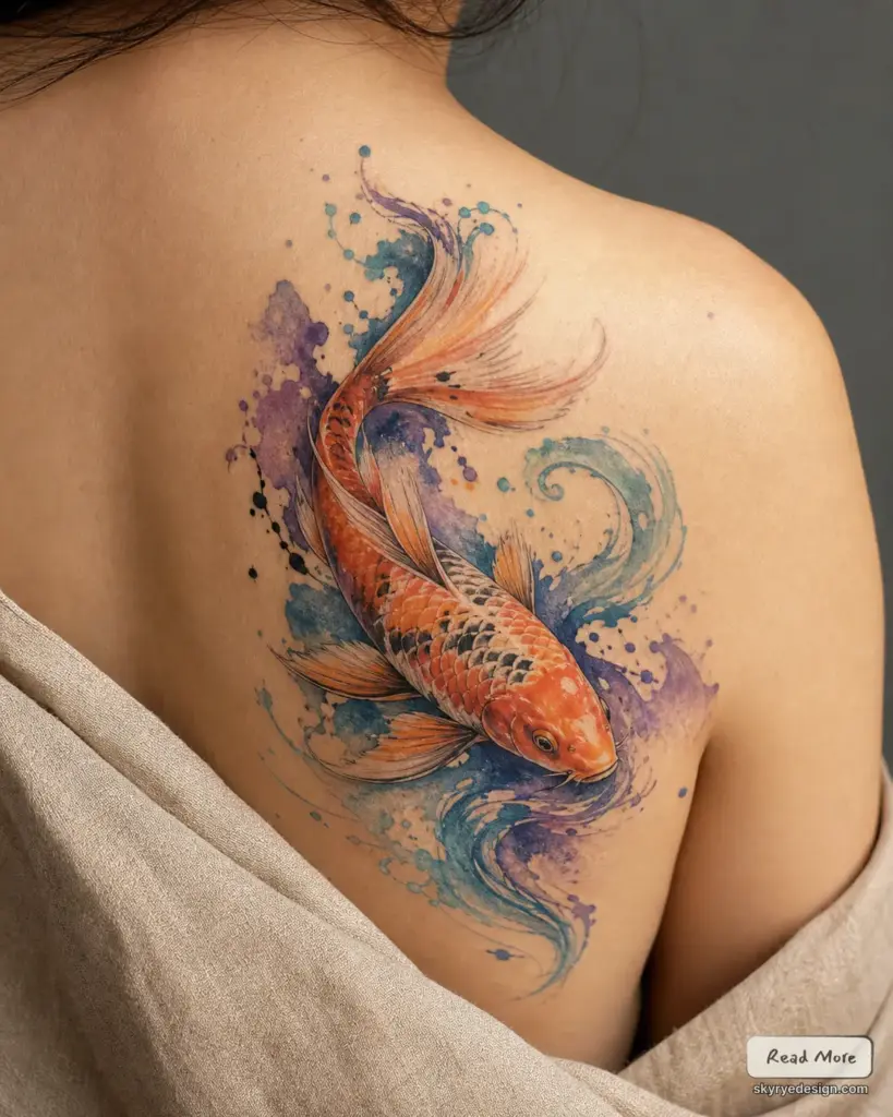 Watercolor koi fish tattoo on upper back shoulder - vivid orange koi with blue and purple splash wave accents