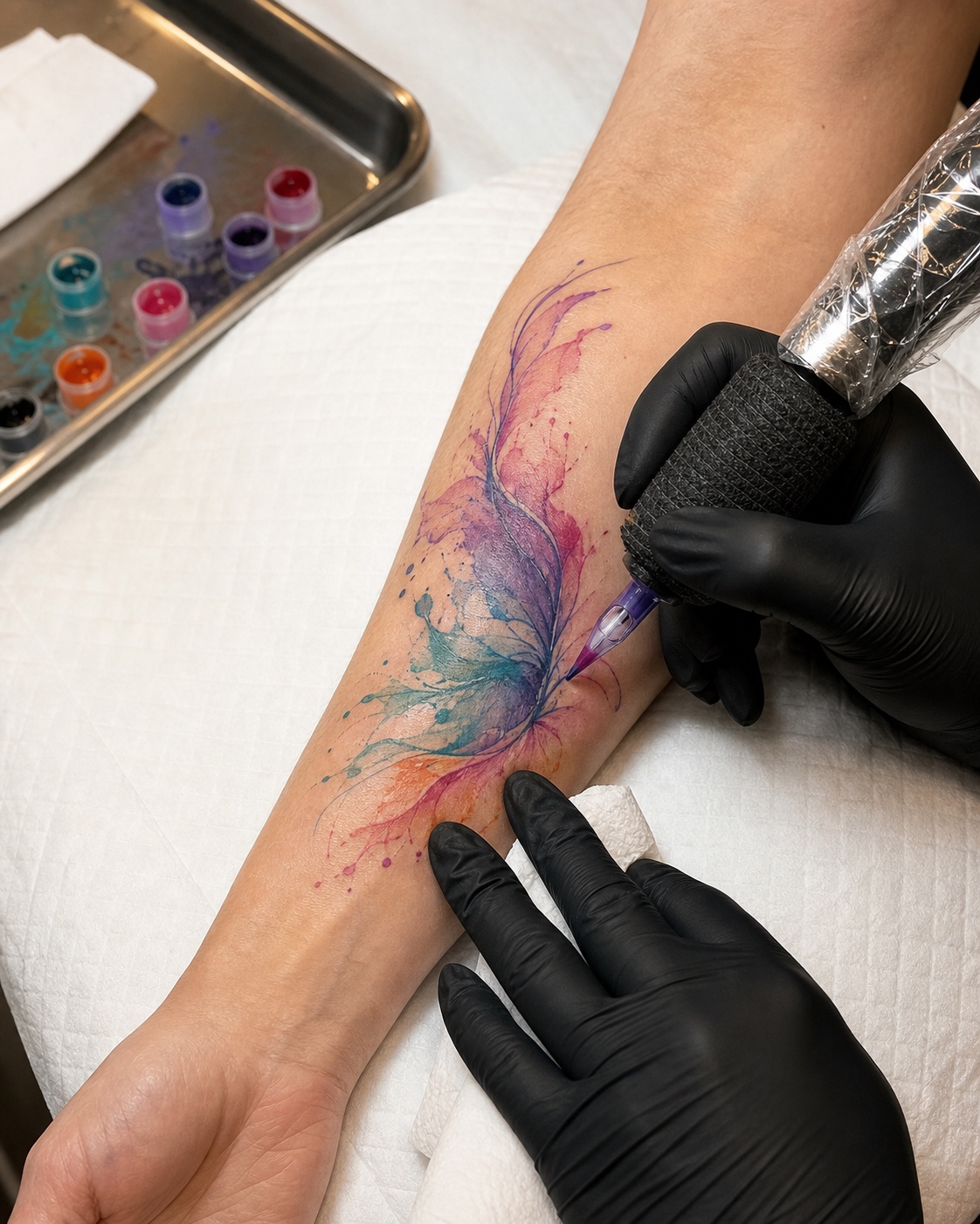 Tattoo artist working on a watercolor tattoo with colored ink caps in a clean studio