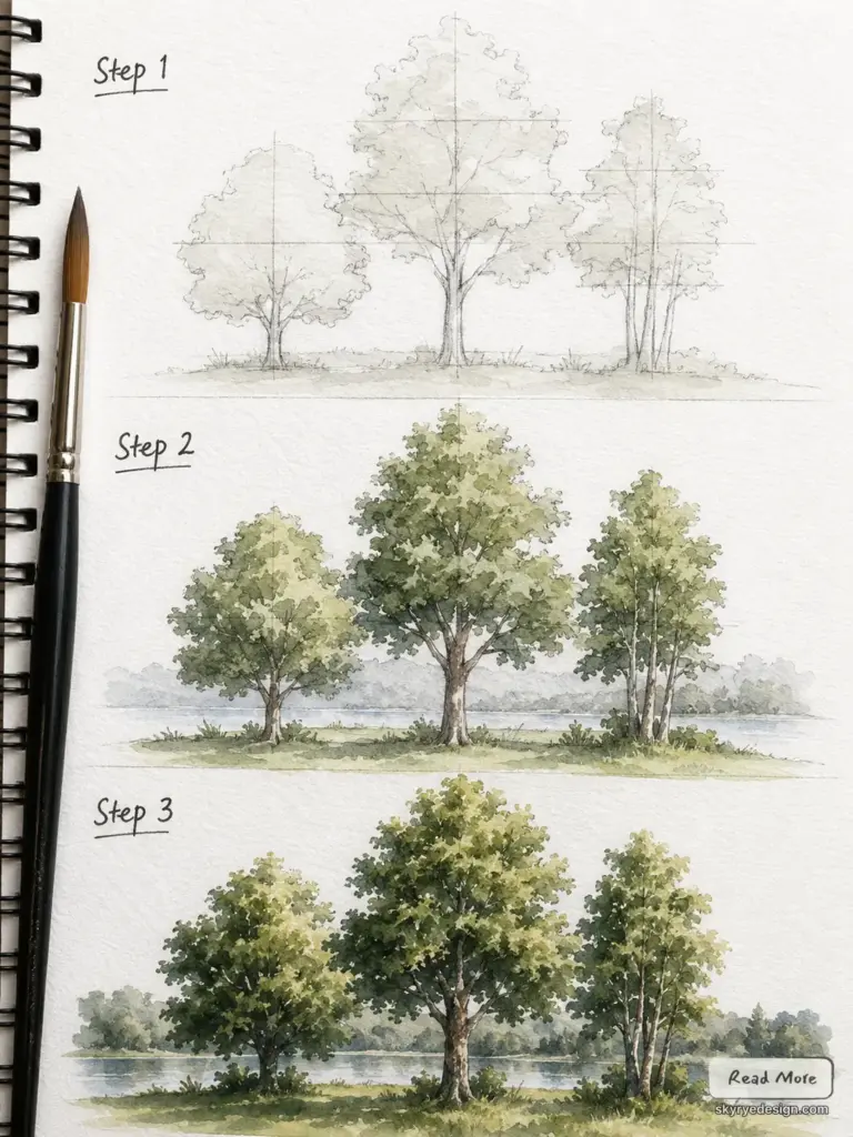 Watercolor step-by-step sketchbook tutorial of three trees by a lake with a paintbrush