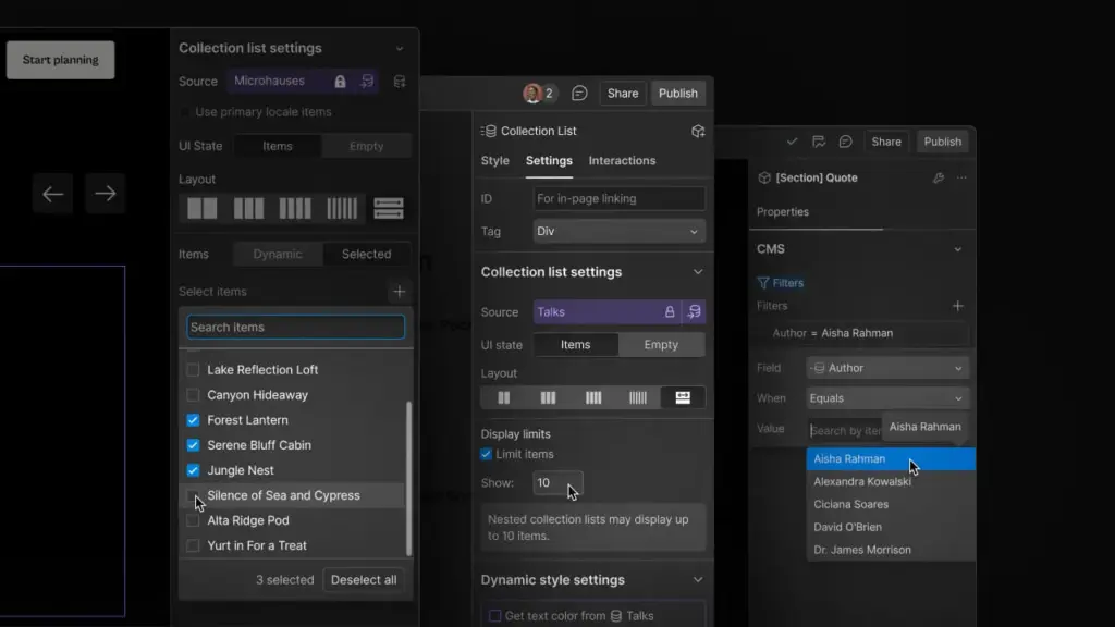 Dark CMS interface showing collection list settings, item selection, filters and display limits in a web design tool.