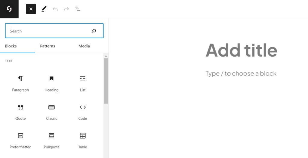 WordPress Gutenberg block editor screen showing block inserter menu on left and Add title placeholder on right