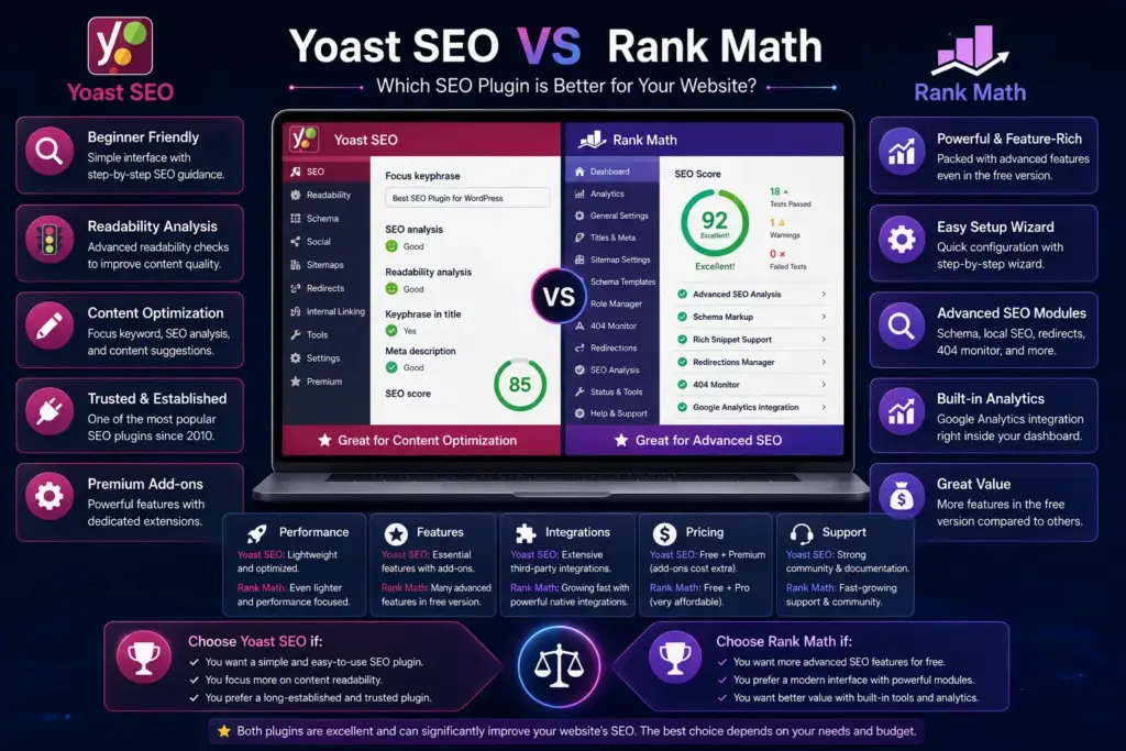 Yoast SEO vs Rank Math infographic: side-by-side comparison of plugins' features, scores, pros, setup, and analytics.
