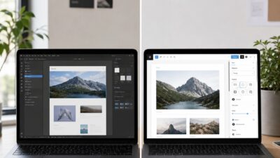 Laptop screens compare a Webflow-style visual designer and a WordPress block editor on an agency desk.