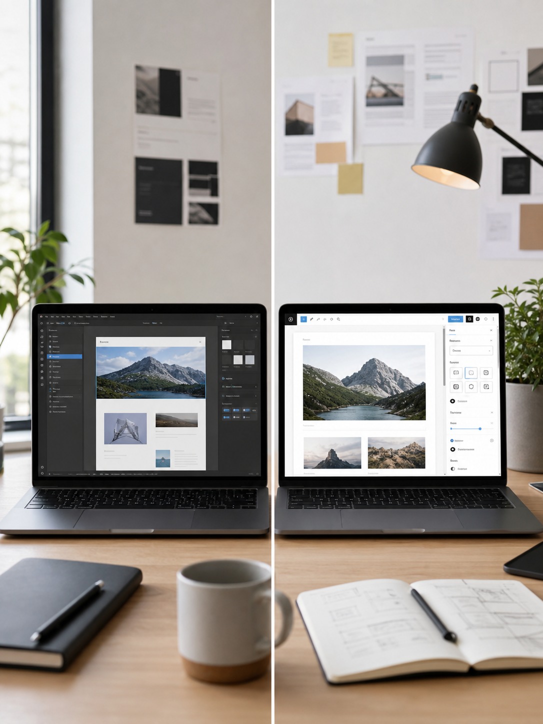 Laptop screens compare a Webflow-style visual designer and a WordPress block editor on an agency desk.