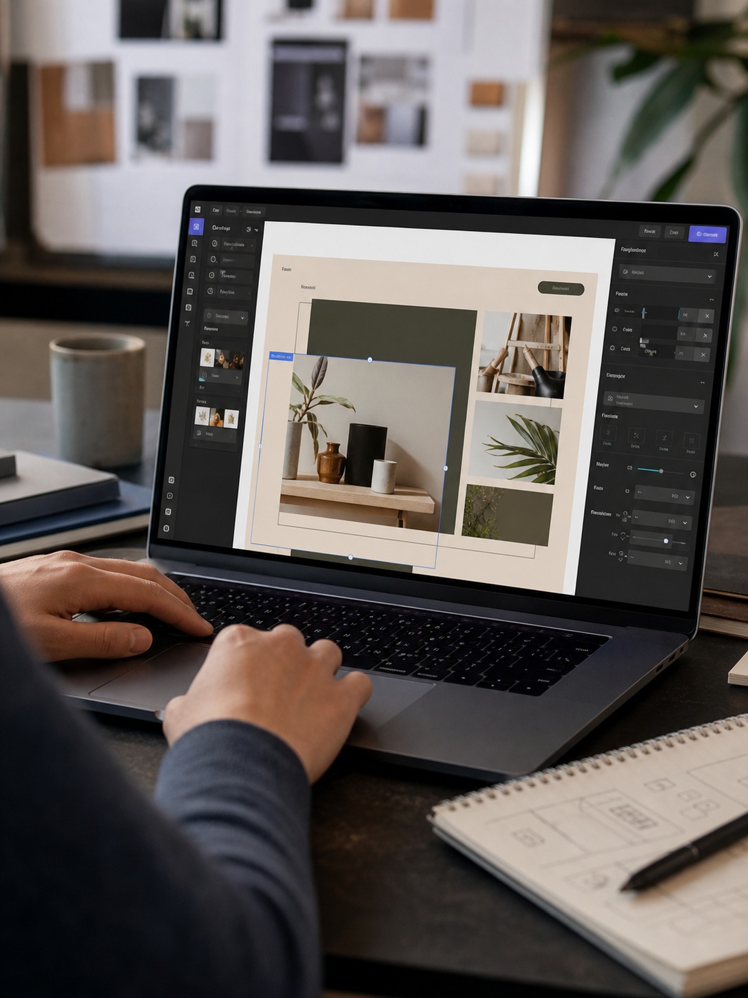 Designer works on a complex website layout in a visual editor at a studio desk.