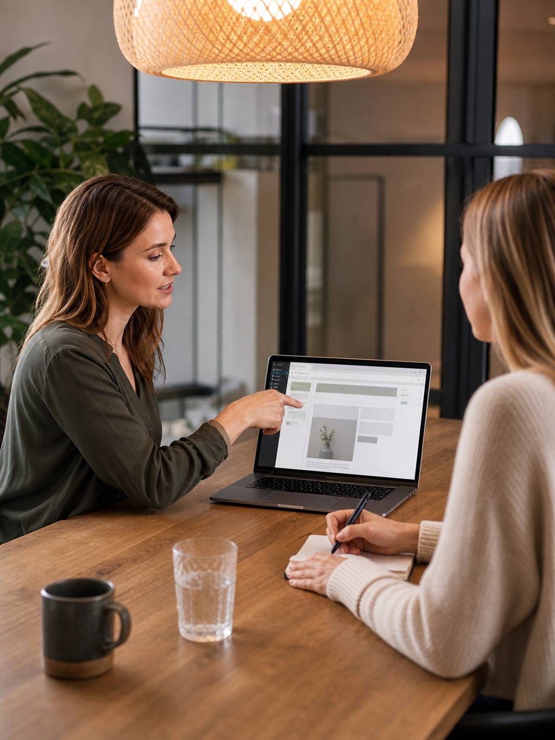 Agency designer trains a client on editing website content during a CMS handover session.