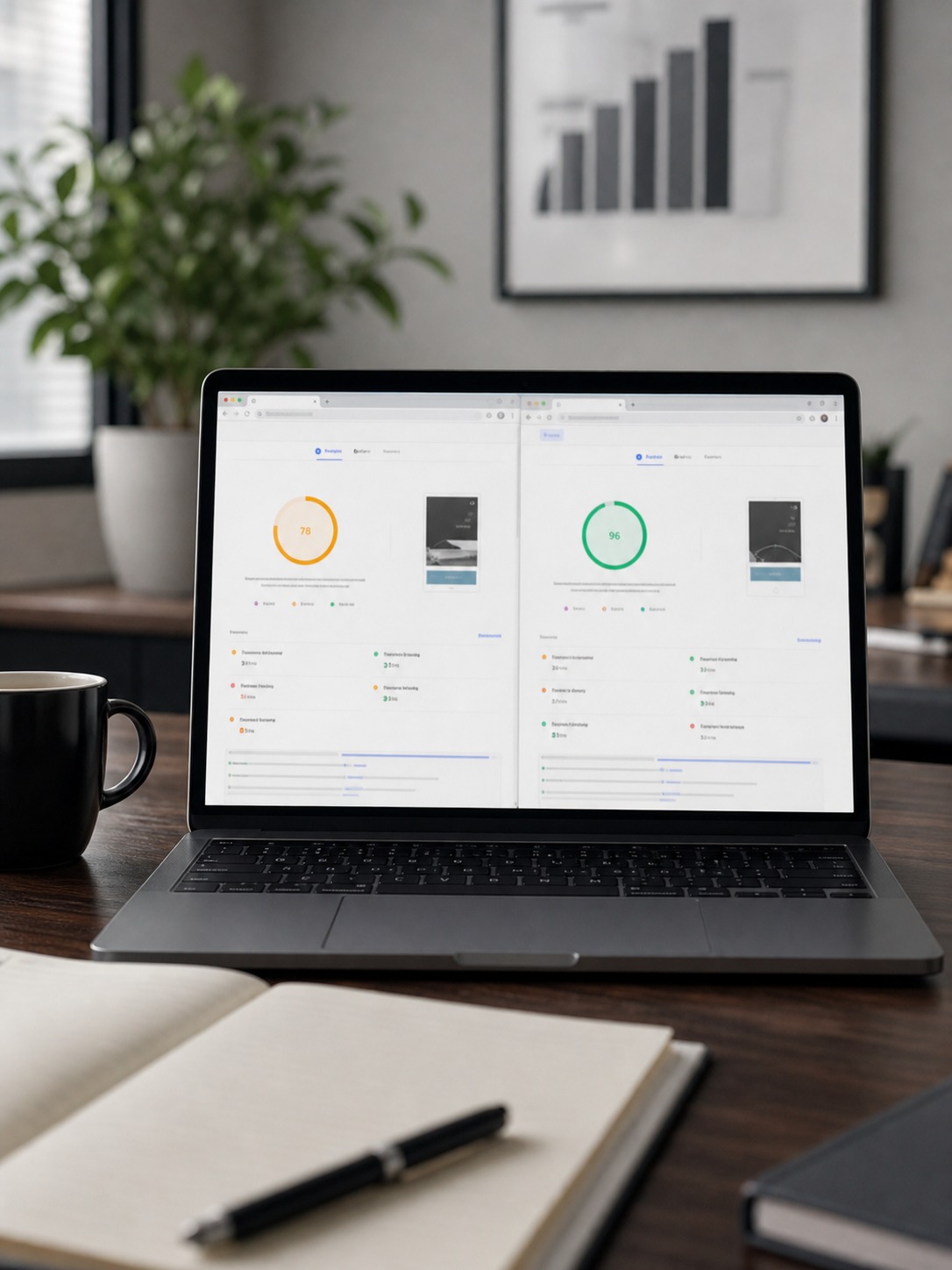 Laptop shows website performance score comparisons on an agency workspace desk.