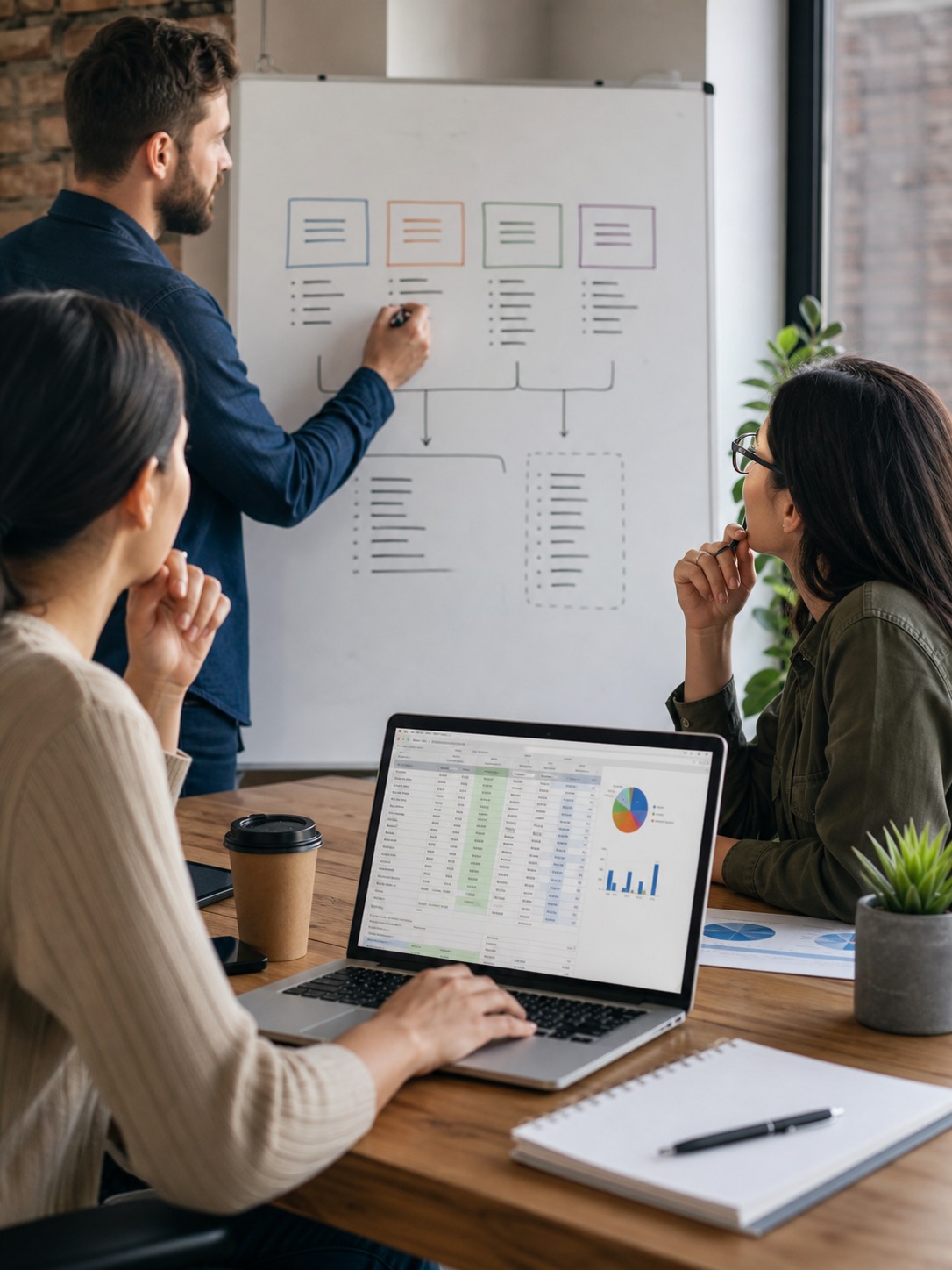 Agency team reviews a platform cost breakdown spreadsheet during financial planning.