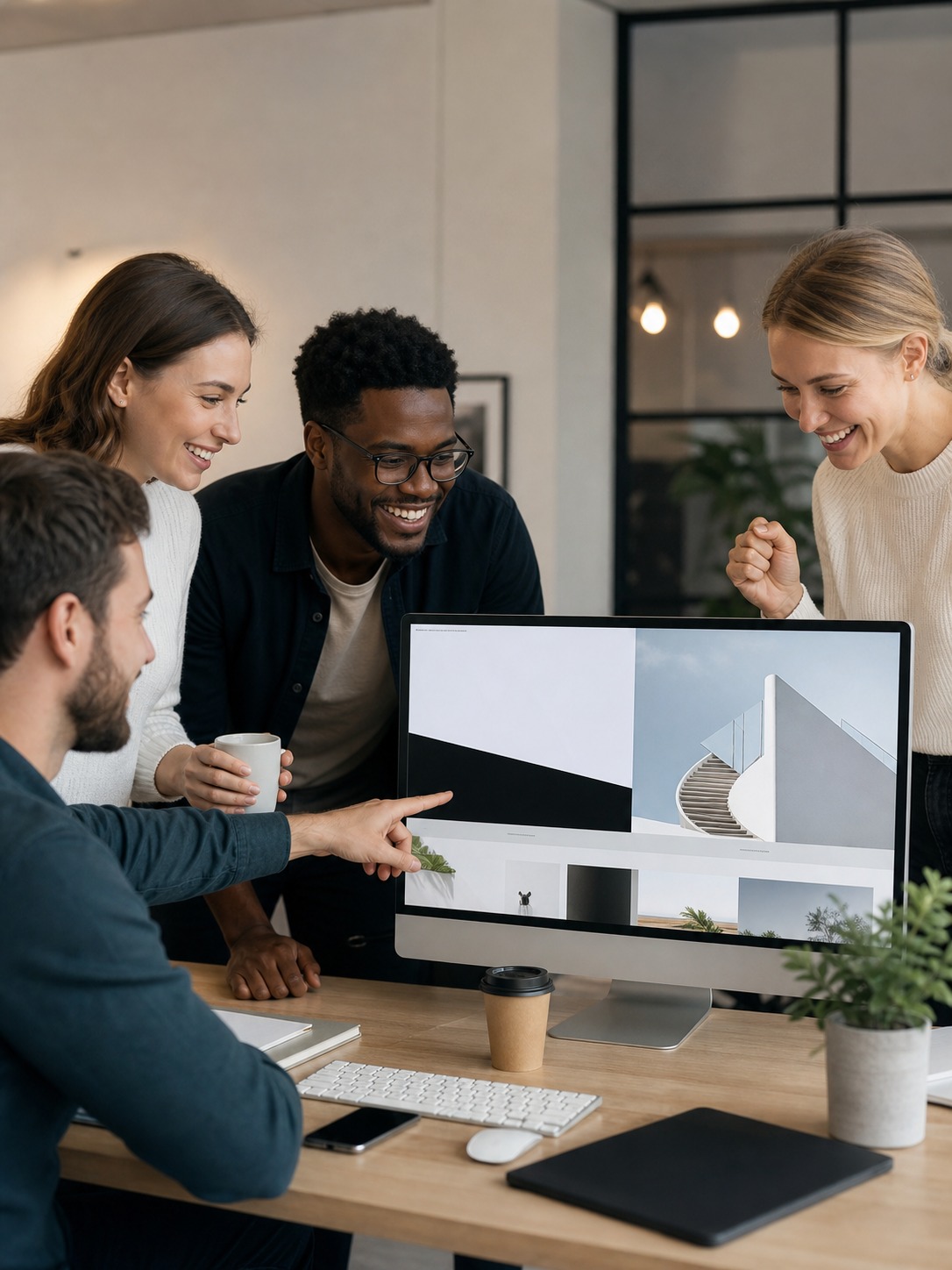 Design agency team reviews a polished client website on a large monitor.