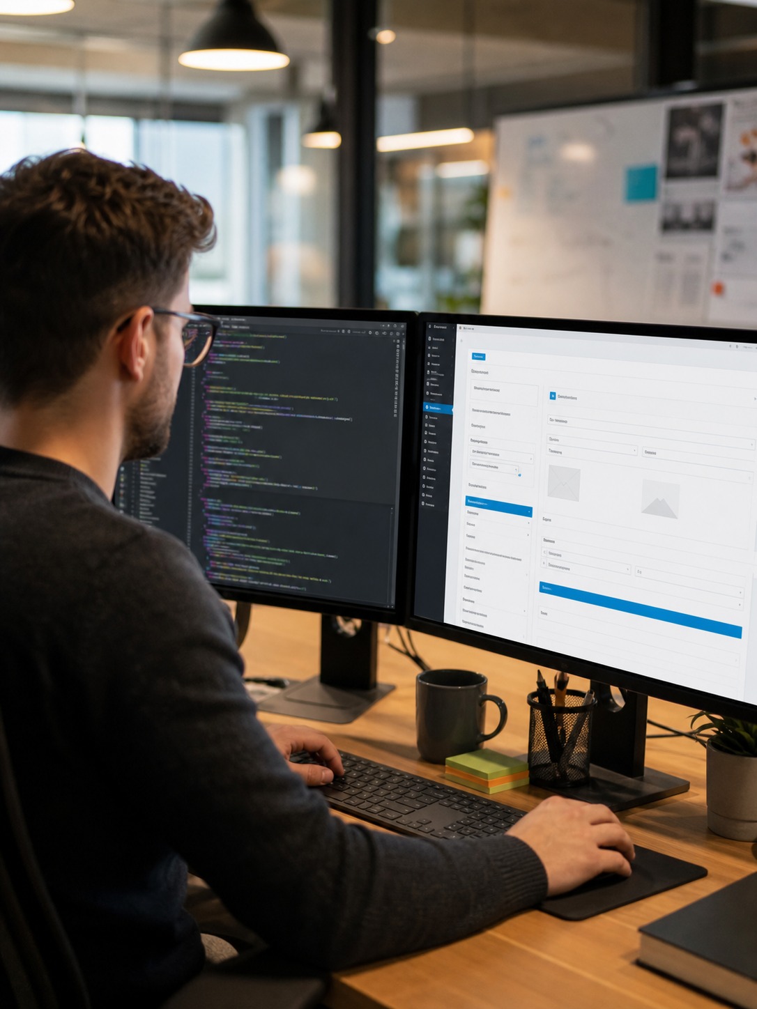 Developer configures complex WordPress content and plugin settings across dual monitors.