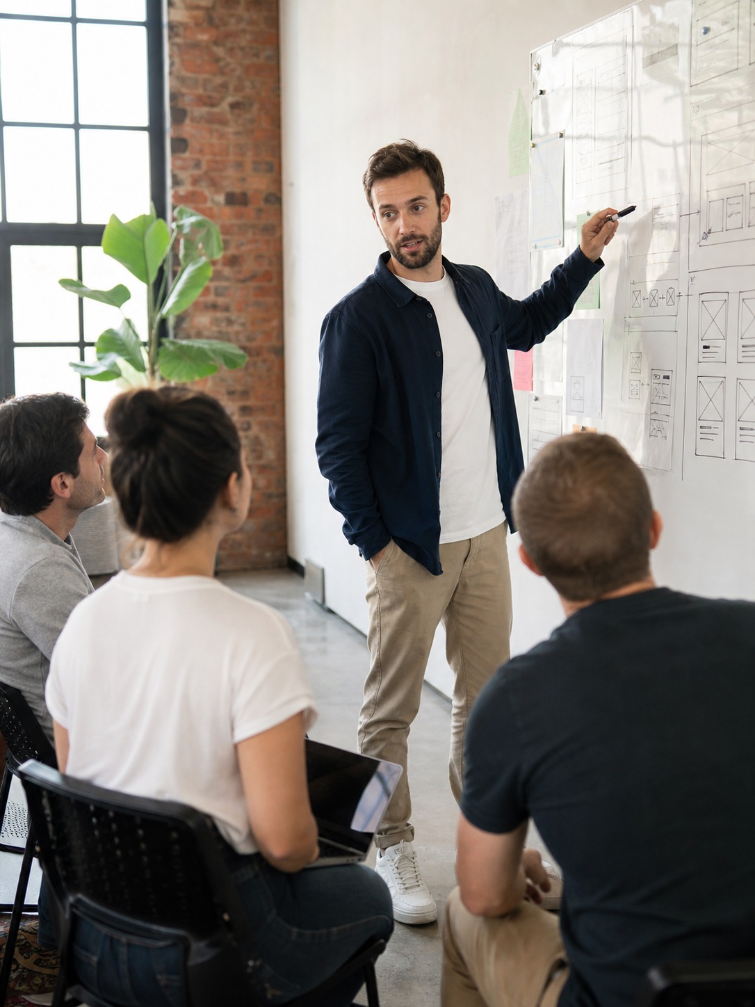Creative agency team discusses platform questions around a whiteboard in a meeting room.