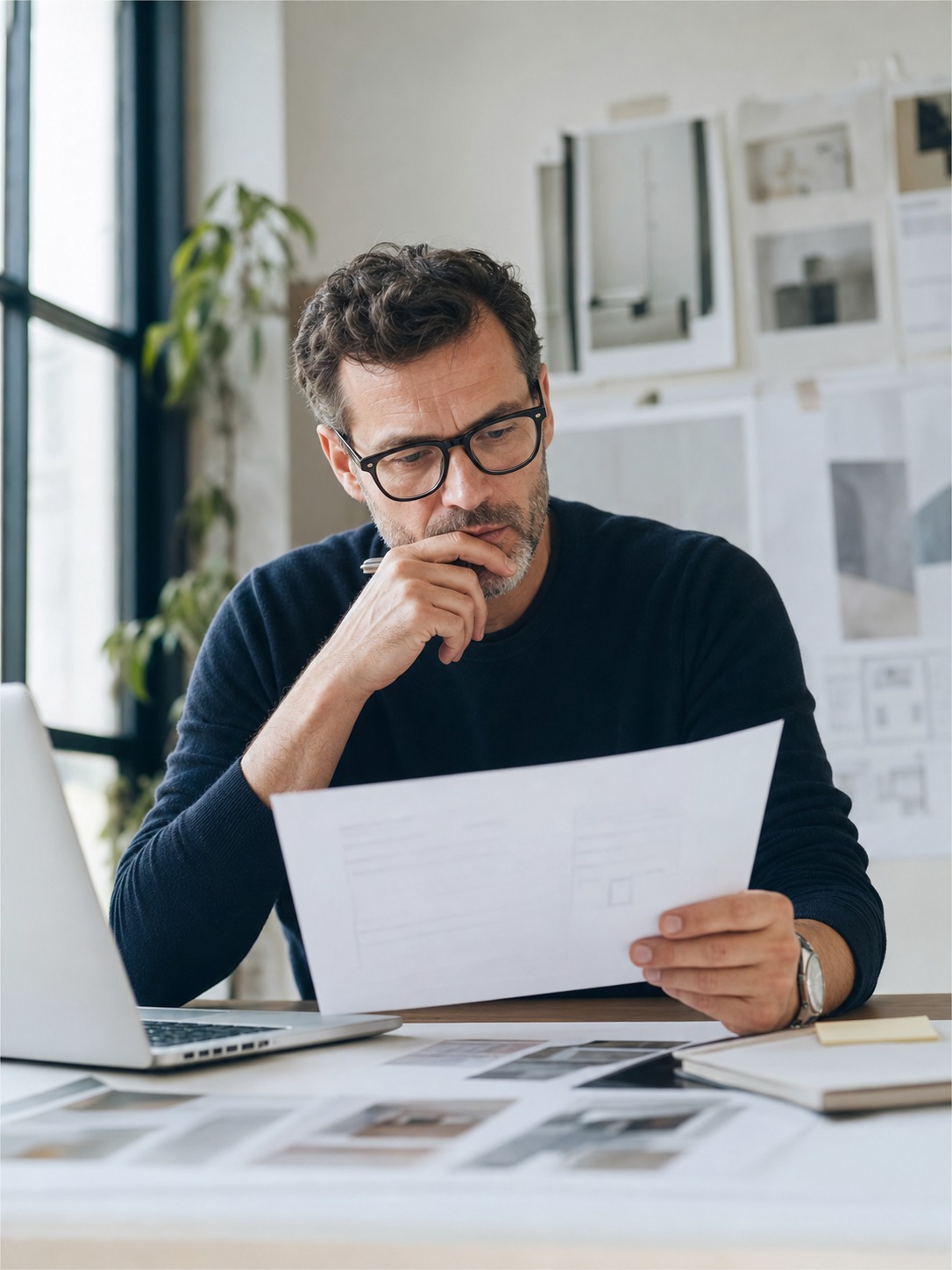 Creative director reviews a new website project brief at a clean studio desk.