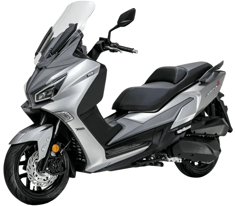 300cc silver maxi scooter with tall windshield, LED headlights and front disc brake for sporty urban commuting