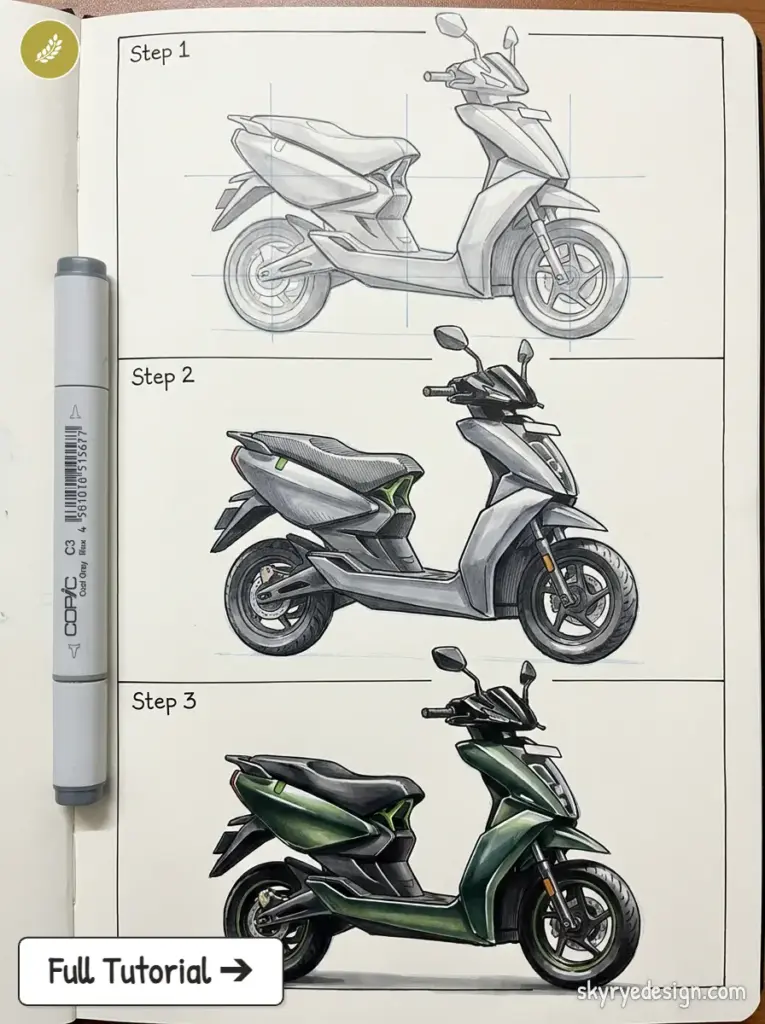 Three-step scooter drawing tutorial from pencil sketch to grayscale to finished green scooter, Copic marker