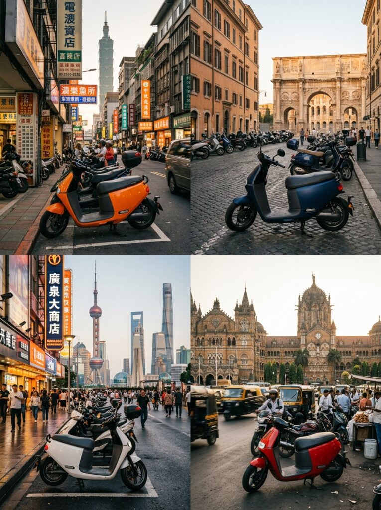 Colorful electric scooters parked on bustling urban streets with Asian storefronts and European landmarks in a city collage