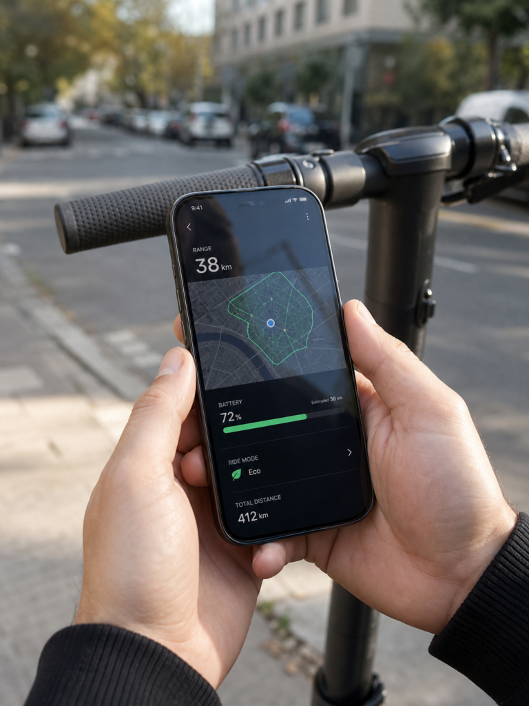 Close-up of smartphone displaying electric scooter app: 38 km range, 72% battery, map, held over scooter handlebars.