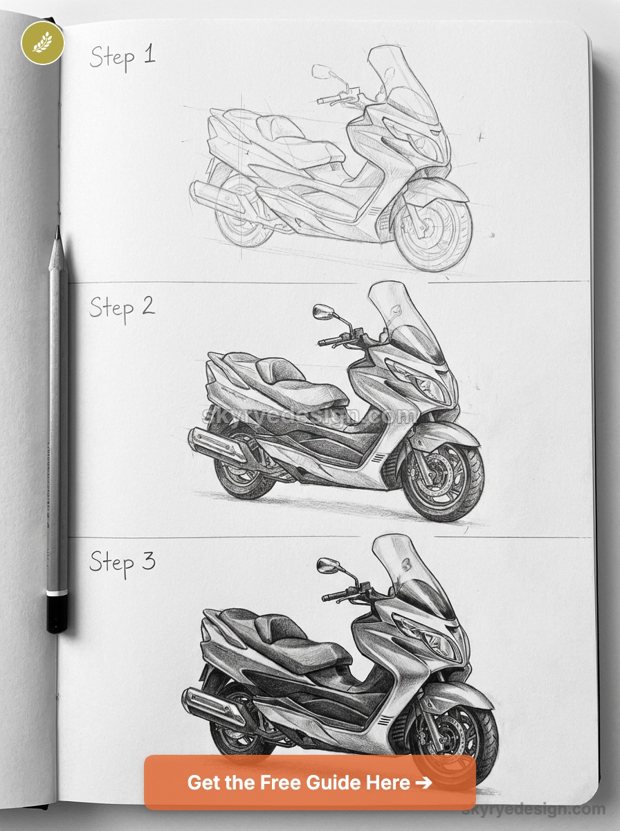 Three-step pencil sketch tutorial of a modern scooter on a sketchbook page with drawing pencil and 'Get the Free Guide' button