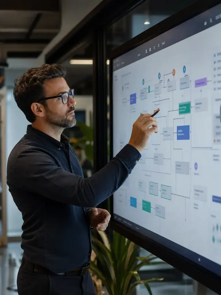 Professional pointing at digital touchscreen displaying workflow flowchart on interactive whiteboard in office.