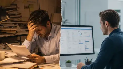 Split scene: stressed man buried in paperwork vs calm professional analyzing a digital dashboard to streamline workflow