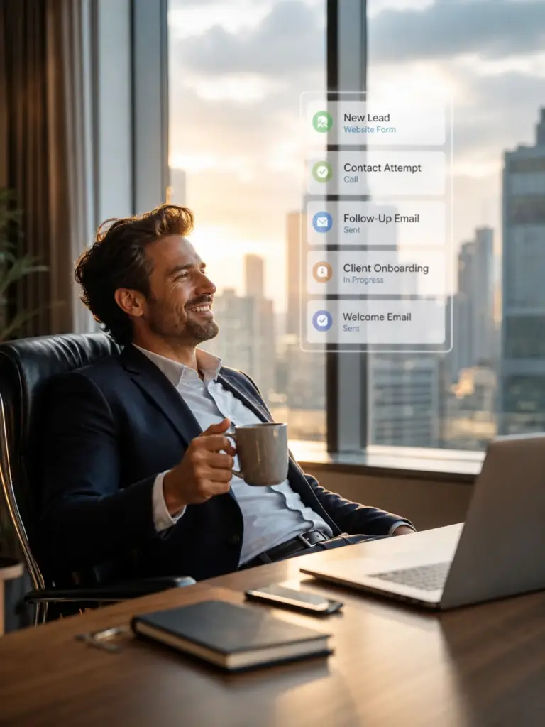 Businessman in office with coffee at laptop, CRM task list overlay showing new lead, follow-up emails, client onboarding