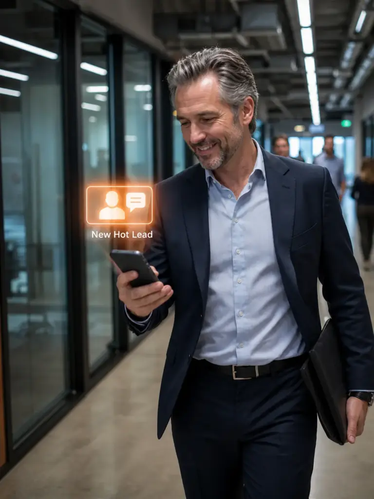Businessman in suit in office corridor checking smartphone showing New Hot Lead CRM notification