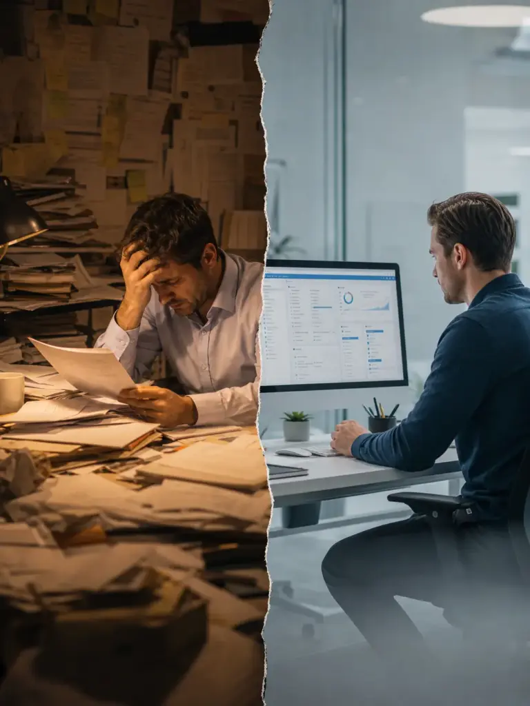 Split view: left shows a man overwhelmed by stacks of papers in a cluttered desk; right shows a man calmly working at a tidy desk with a computer.