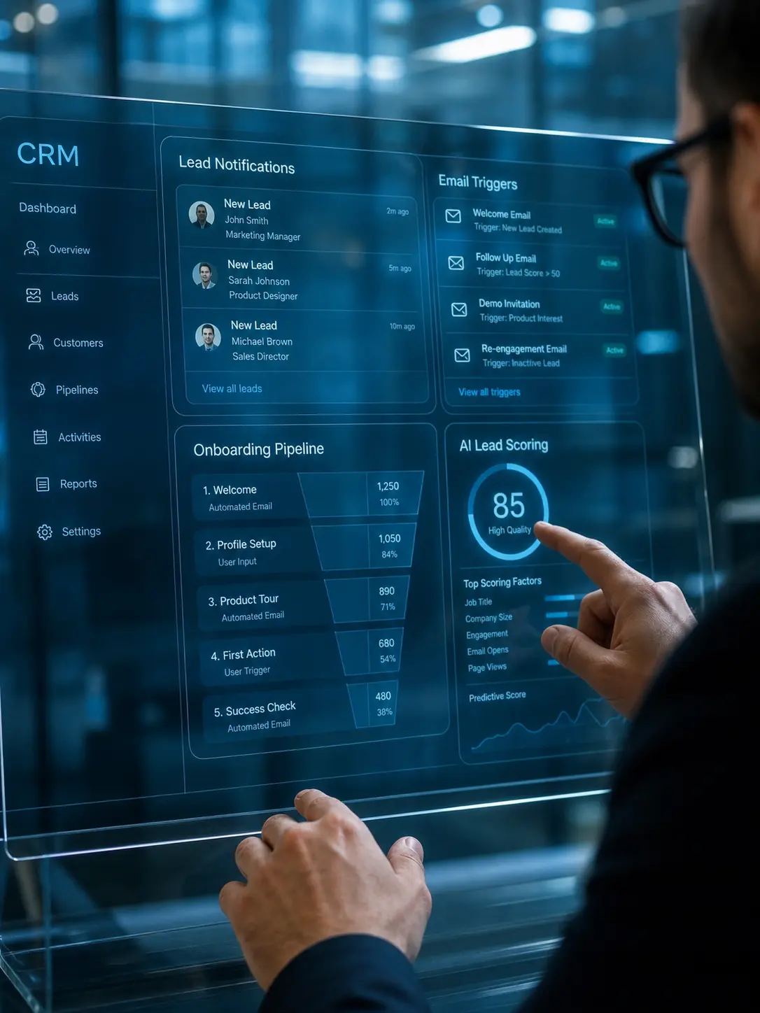 CRM dashboard on transparent touchscreen showing onboarding pipeline, lead notifications and AI lead score.