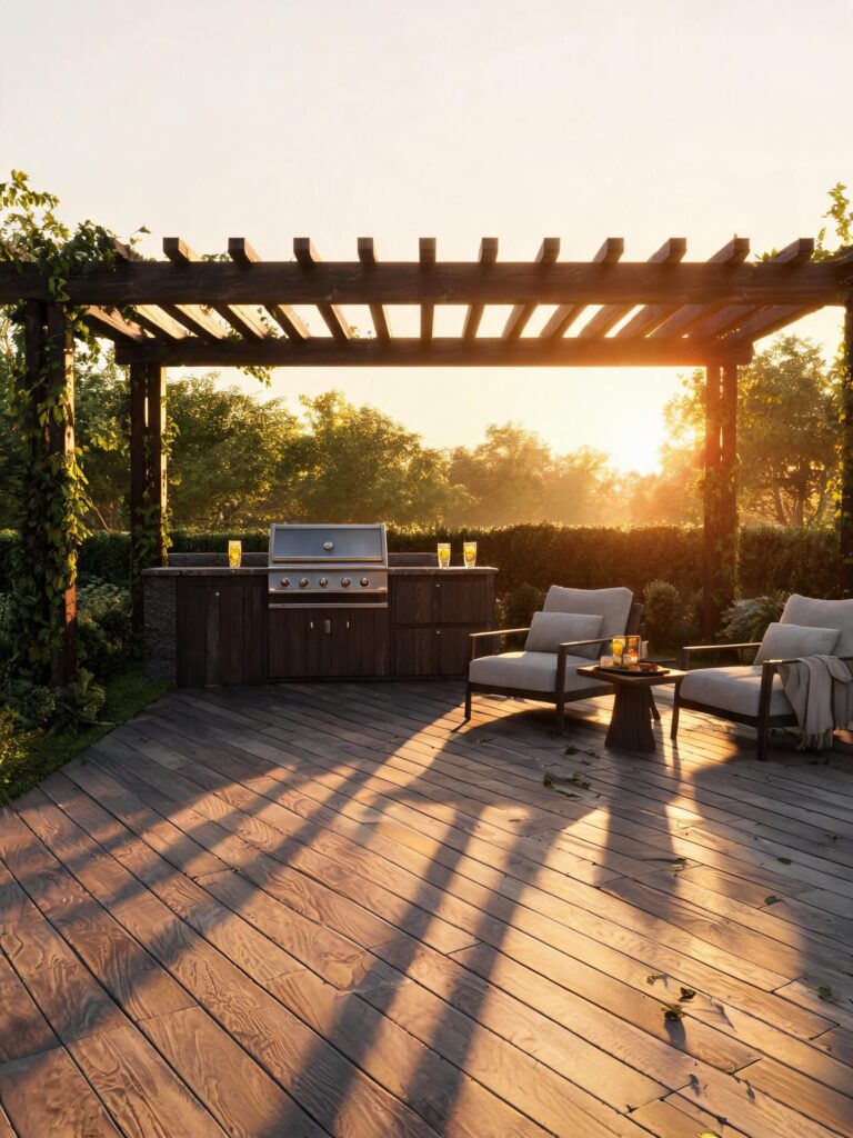 Backyard patio with wooden pergola and built-in grill, cozy lounge chairs on sunlit wooden deck at sunset