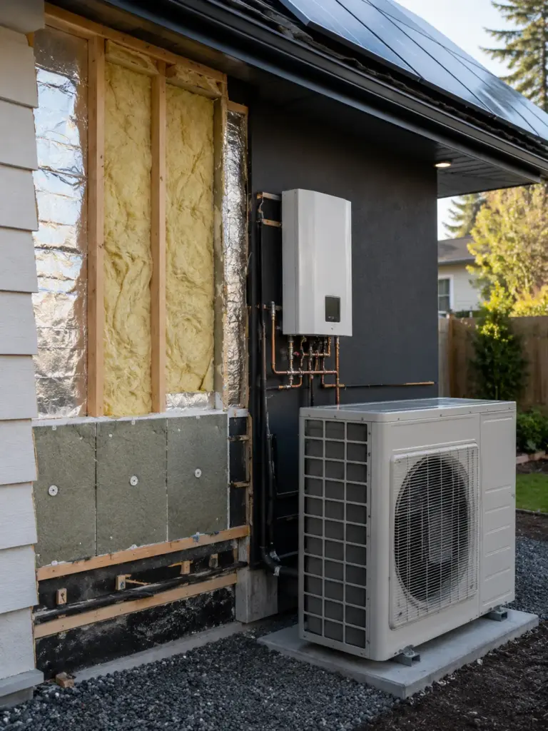 Outdoor heat pump unit and wall-mounted HVAC inverter beside exposed wall insulation on home with rooftop solar panels