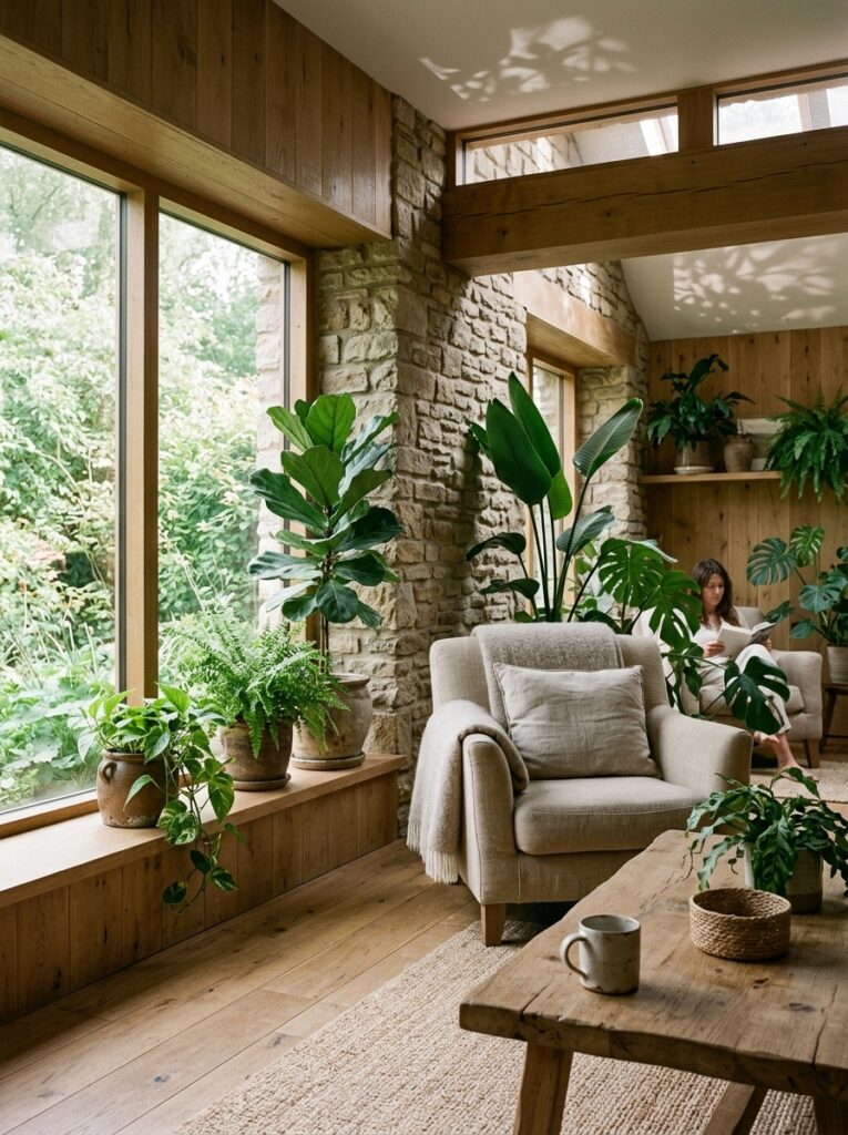 Sunlit living room with a stone wall, wooden beams, and many potted plants around a beige chair; a person reads in the background.